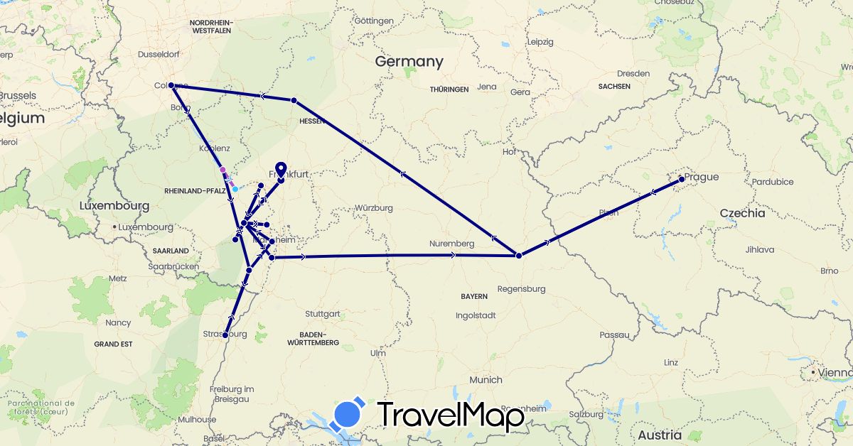 TravelMap itinerary: driving, train, boat in Czech Republic, Germany, France (Europe)